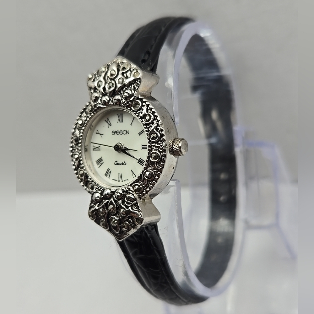 Womens Vintage Sasson Watch Silver Tone Mother of Pearl Marcasite New Battery - Picture 2 of 12